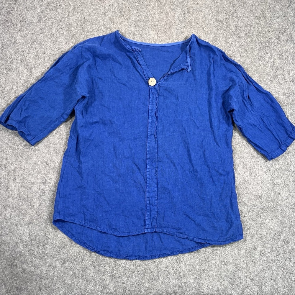100% Linen Blue Lagenlook Blouse Tunic Top 1/2 Sleeve Boho Shirt Size M‎